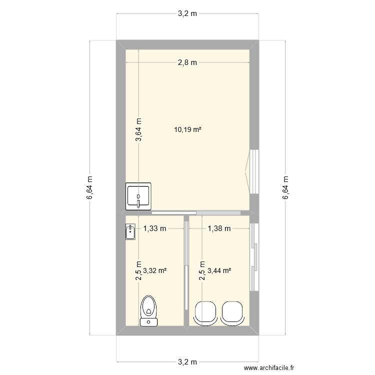 bureau. Plan de 3 pièces et 17 m2
