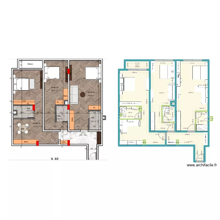 PLAN 2D studios MARWA. Plan de 14 et 119 m² PLAN 2D studios MARWA. Plan de 14 et 119 m²