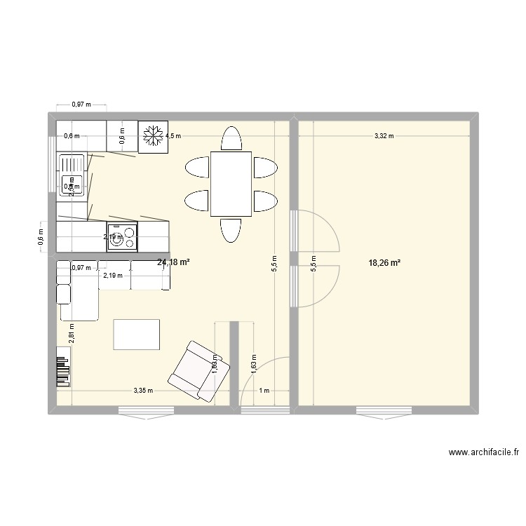 Jard sur mer - cuisine bat 1. Plan de 2 pièces et 42 m2