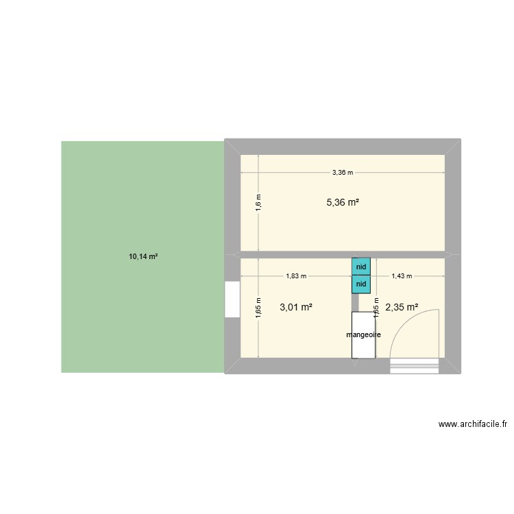 chicken coop. Plan de 3 pièces et 11 m2
