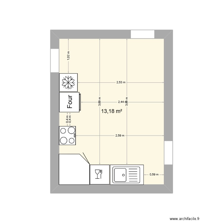 cuisine 1. Plan de 1 pièce et 13 m2
