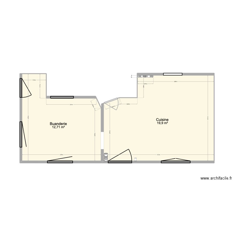 Cuisine - Buanderie v2. Plan de 2 pièces et 33 m2