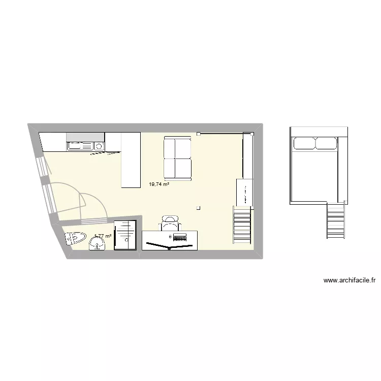 Studio. Plan de 2  et 22 m²