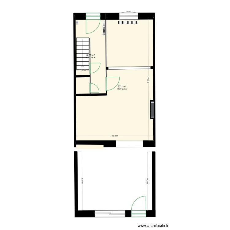 rez de chausée. Plan de 2 pièces et 36 m2