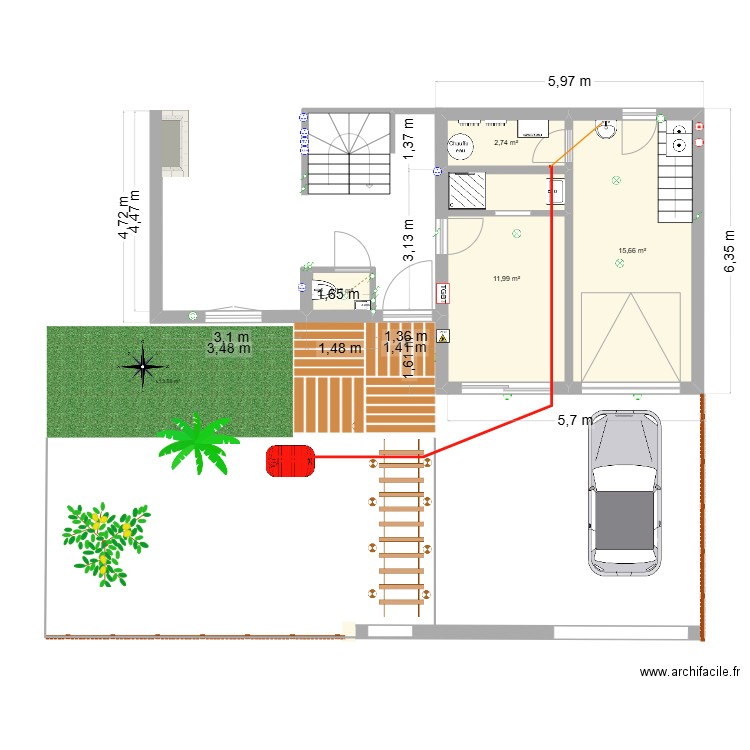 Maison Cormeilles-RDC-Garage_Plomberie. Plan de 4 pièces et 32 m2