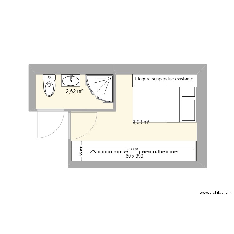 Salle de bains et Chambre Aménagement 3. Plan de 2 pièces et 12 m2