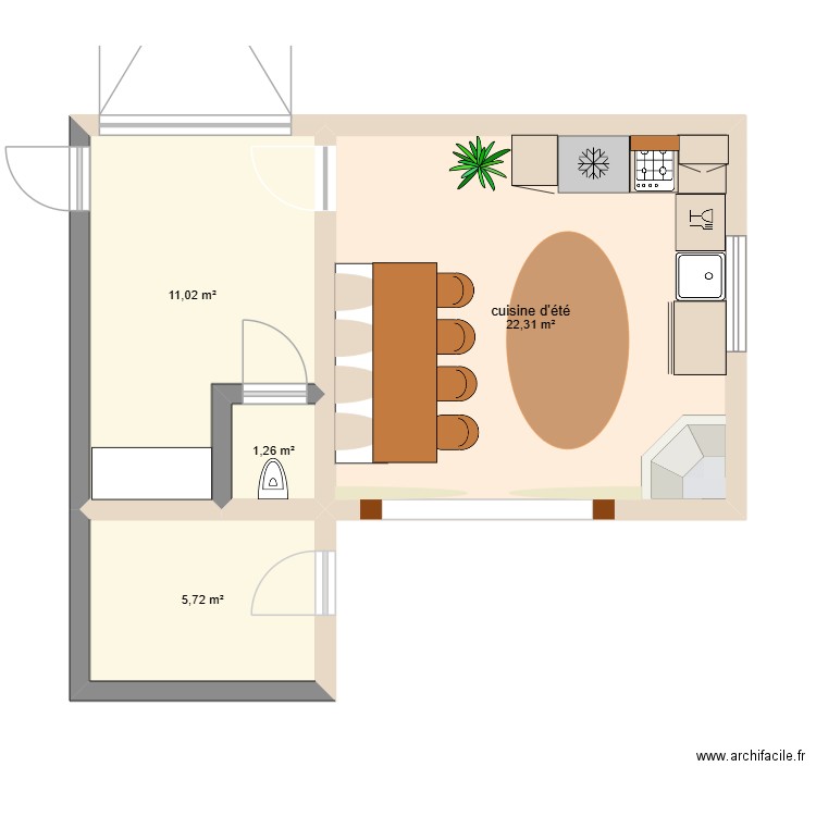 cuisine d\'été. Plan de 4 pièces et 40 m2