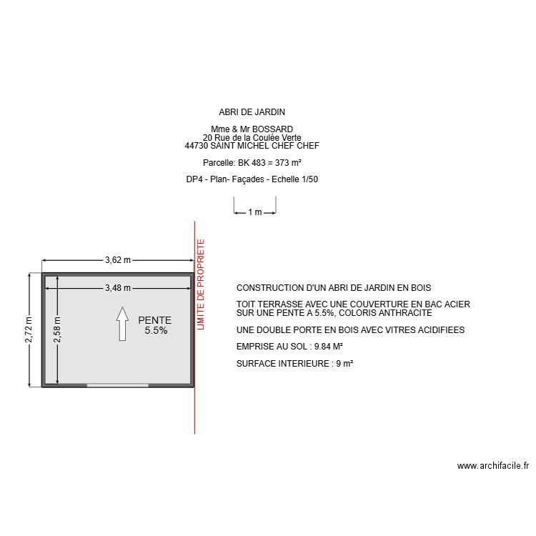 DP 4 BOSSARD 2. Plan de 1 pièce et 9 m2