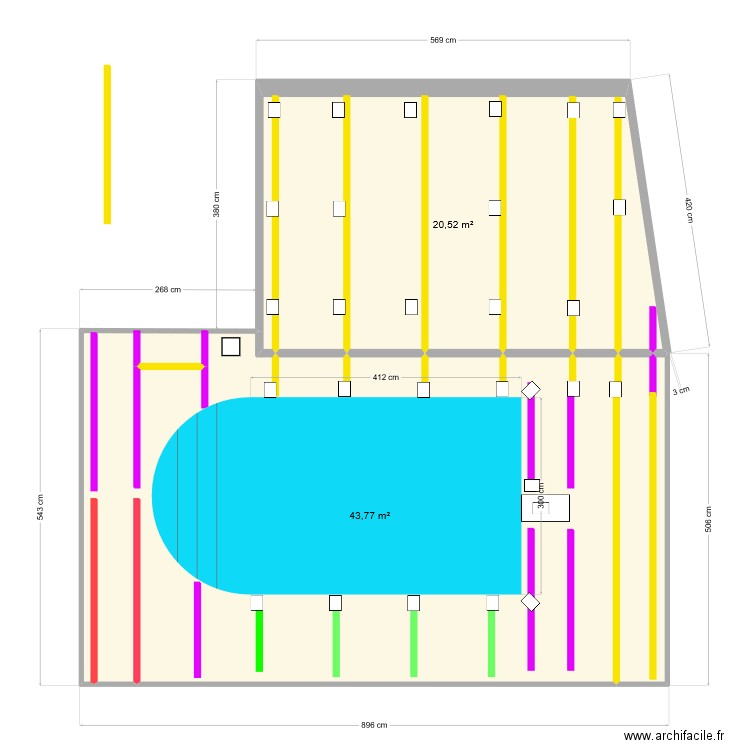 piscine+terrasse. Plan de 2 pièces et 64 m2