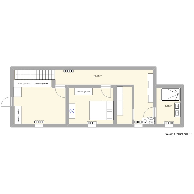 étage. Plan de 2 pièces et 55 m2