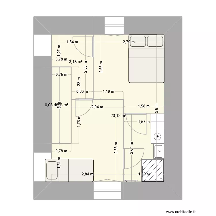 ETAGE 25m2. Plan de 4 Pièces et 26 m²