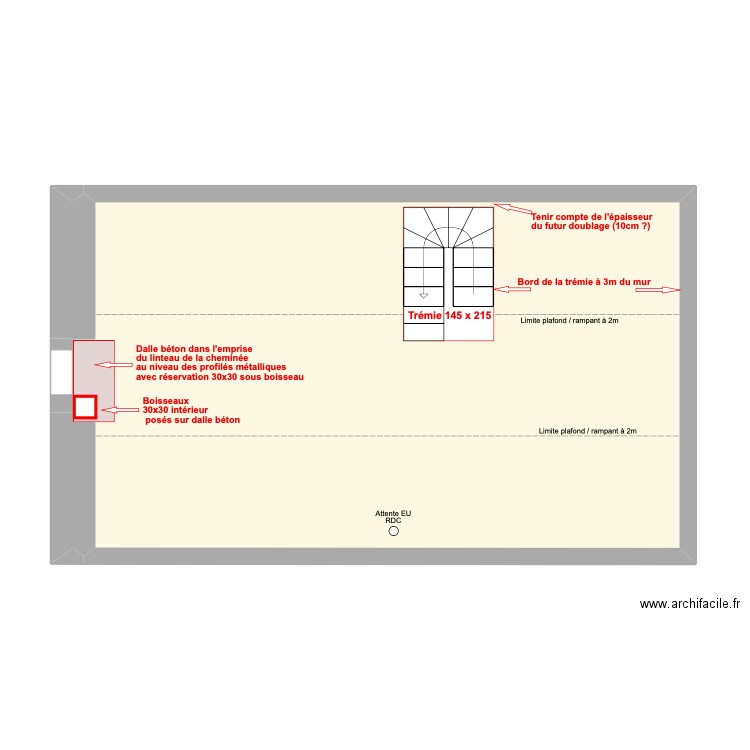 Plan étage pour trémies dans le plancher : escalier et coffrage coupe feu . Plan de 1 pièce et 54 m2