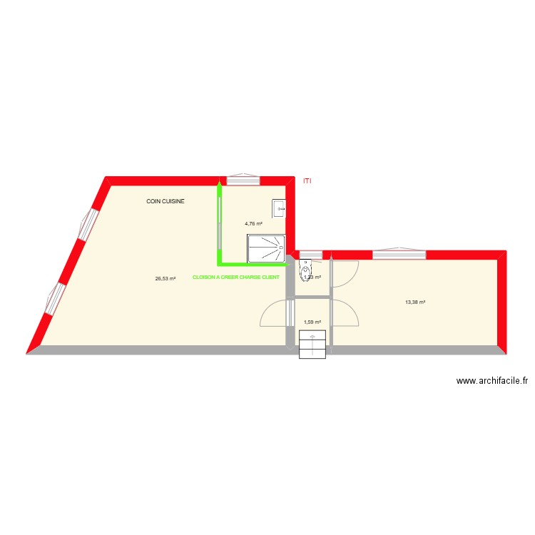 PETIT T2 R1 MAISON DE MAITRE. Plan de 5 pièces et 47 m2