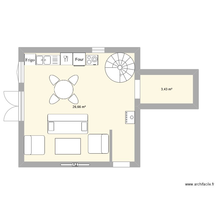 1 er etage. Plan de 2 pièces et 30 m2