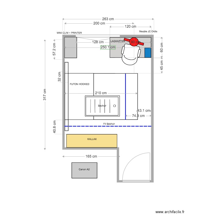 Bureau NEW Futon v6. Plan de 1 pièce et 9 m2