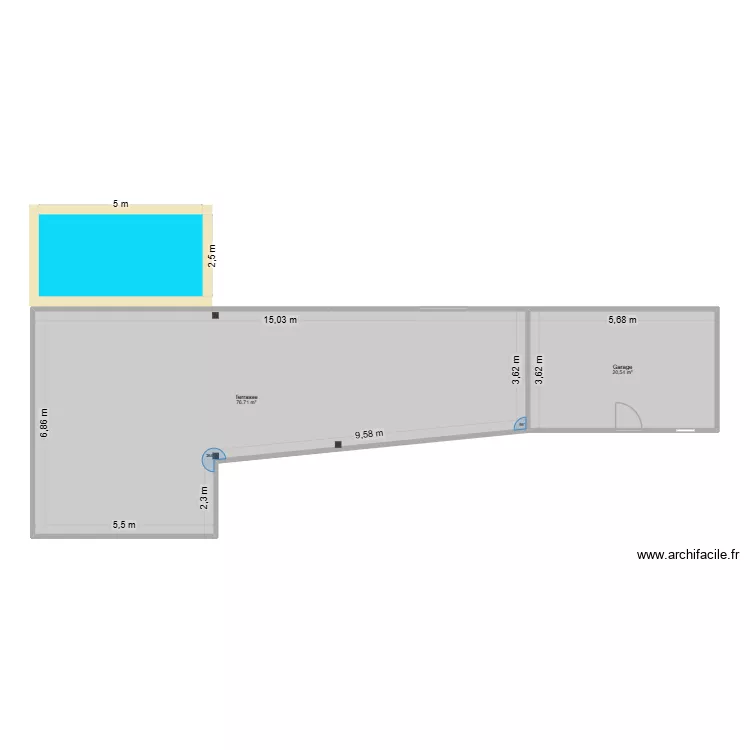 Terrasse. Plan de 2 pièces et 97 m²