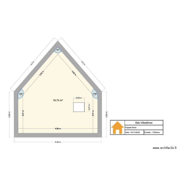 façade sud gite. Plan de 1 pièce et 20 m2