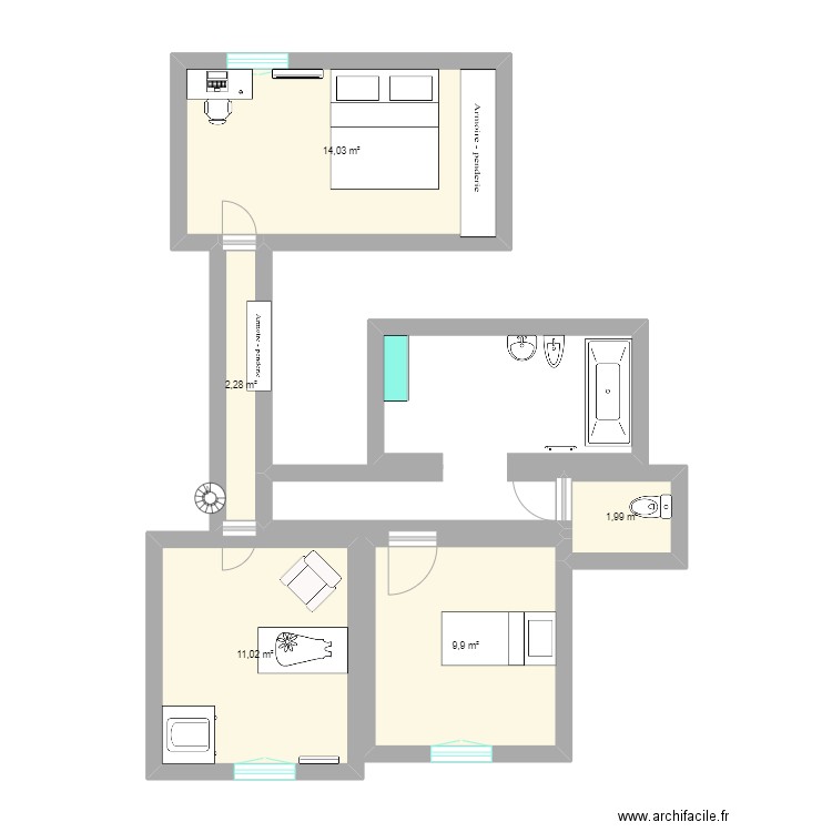 Plan etage. Plan de 5 pièces et 39 m2