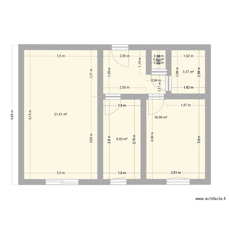 projection 1 cuisine ouverte. Plan de 5 pièces et 48 m2