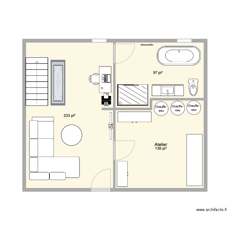 SOUS-SOL. Plan de 3 pièces et 43 m2