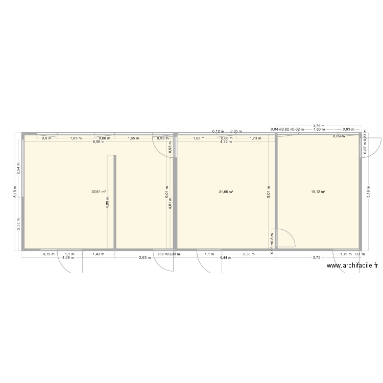 RDC. Plan de 3 pièces et 72 m2
