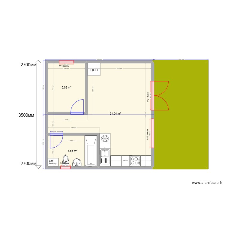Барн 2м +. Plan de 4 pièces et 48 m2