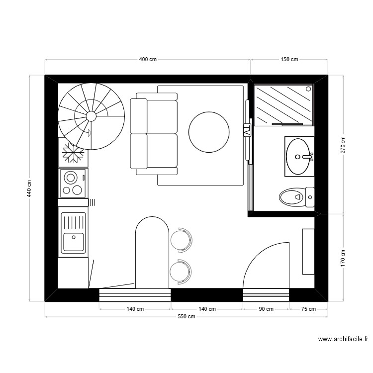 Plan d'aménagement RDC studio - Projet Antoine. Plan de 2 pièces et 20 m2