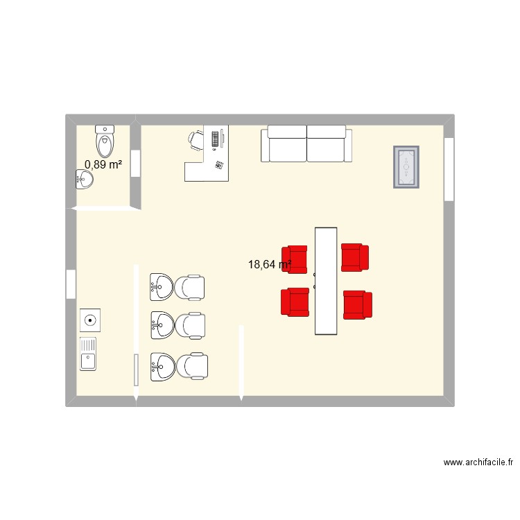salon de coiffure. Plan de 2 pièces et 20 m2
