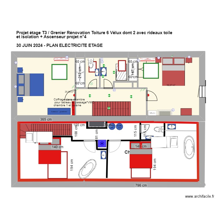 PProjet ETAGE T3 2 chambres sans salle de bains. Plan de 7 pièces et 51 m2