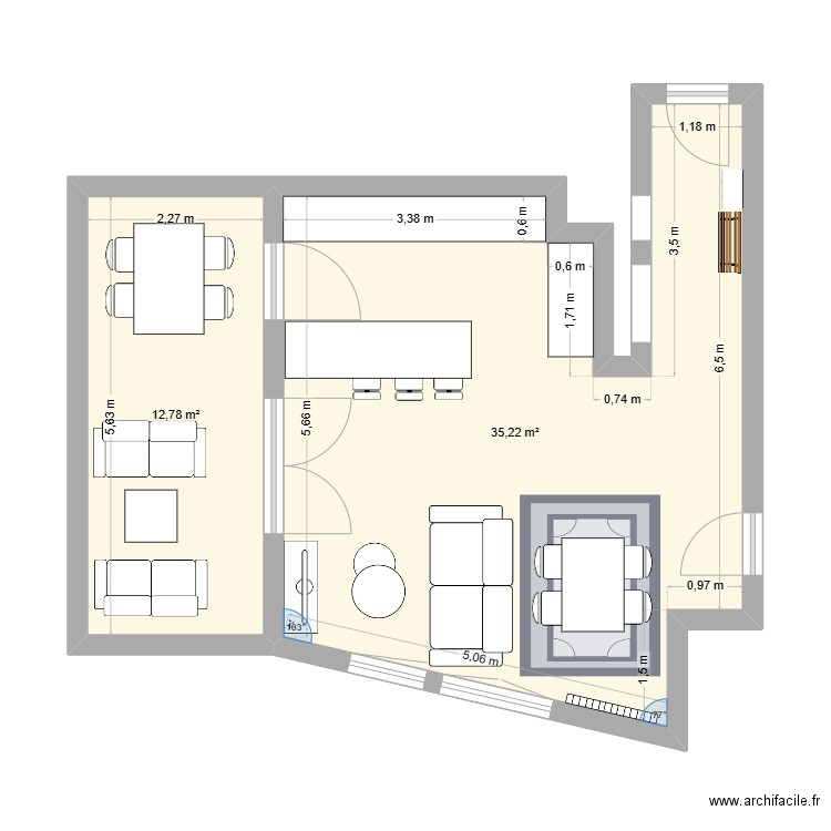Appart (cuisine). Plan de 2 pièces et 48 m2