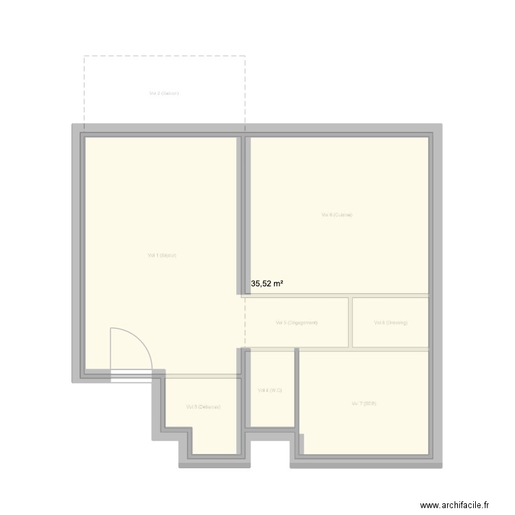 T2Cham. Plan de 1 pièce et 36 m2