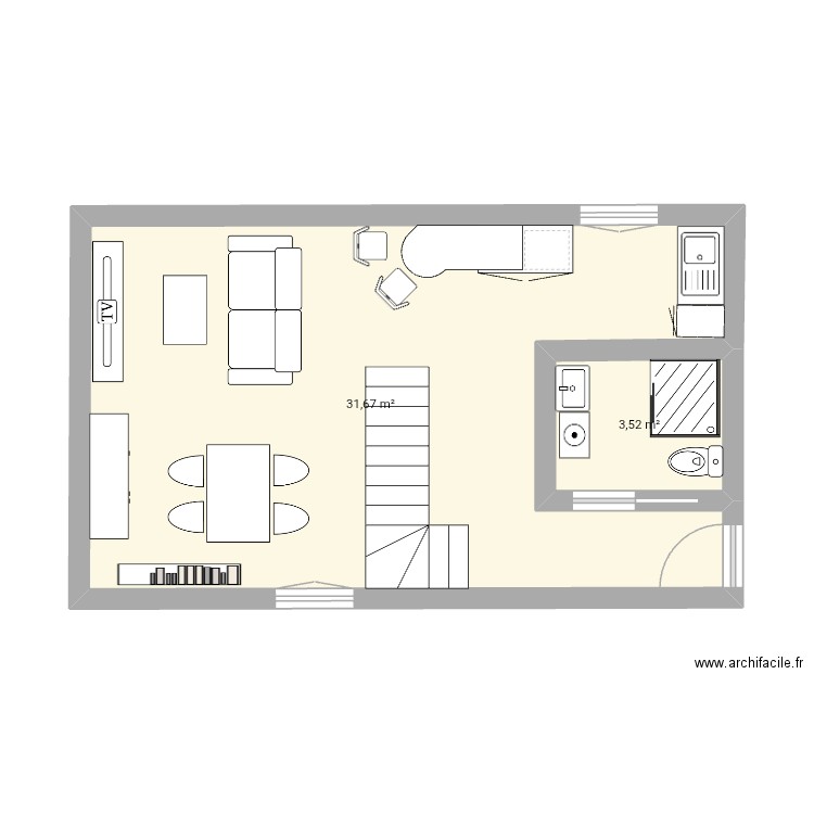 F3 bas escalier entrée. Plan de 2 pièces et 35 m2