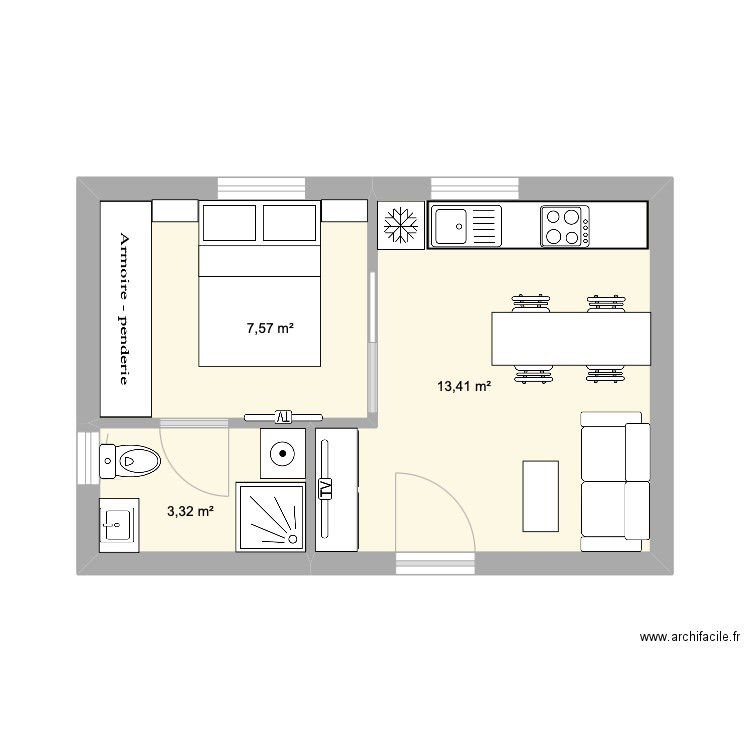 studio 25m2. Plan de 3 pièces et 24 m2