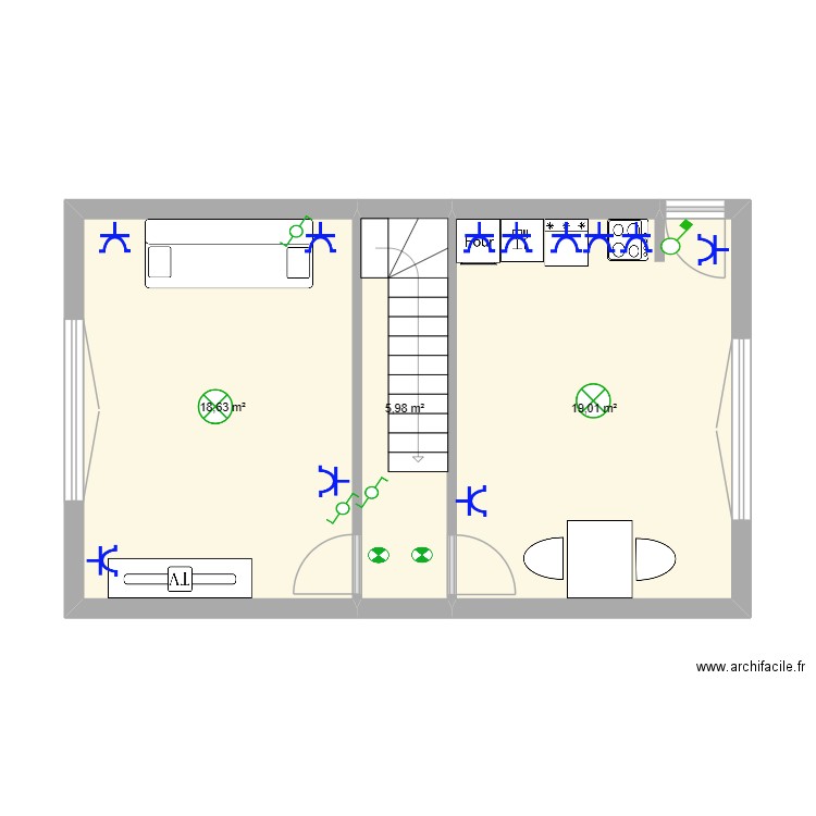 rez de chaussée derache. Plan de 3 pièces et 44 m2