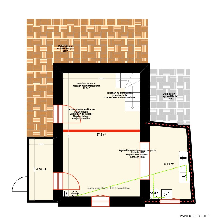 Plan RDC SCI des champs - maçonnerie. Plan de 3 pièces et 40 m2