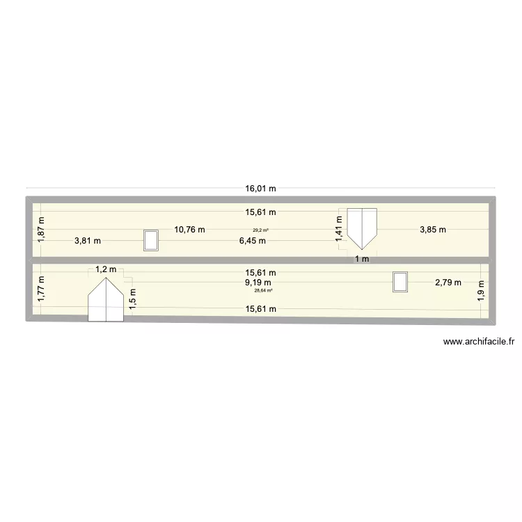 ate. Plan de 2  et 58 m²