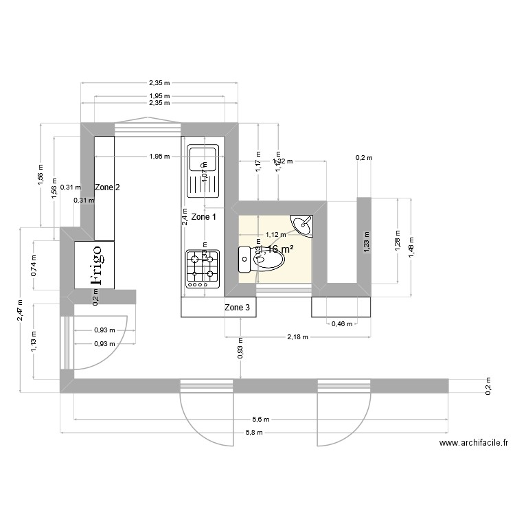 Projet cuisine. Plan de 1 pièce et 1 m2