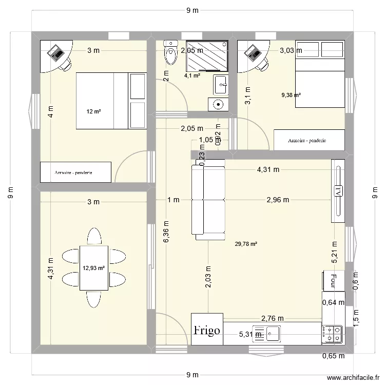 T3 81m&sup2;. Plan de 5  et 68 m²