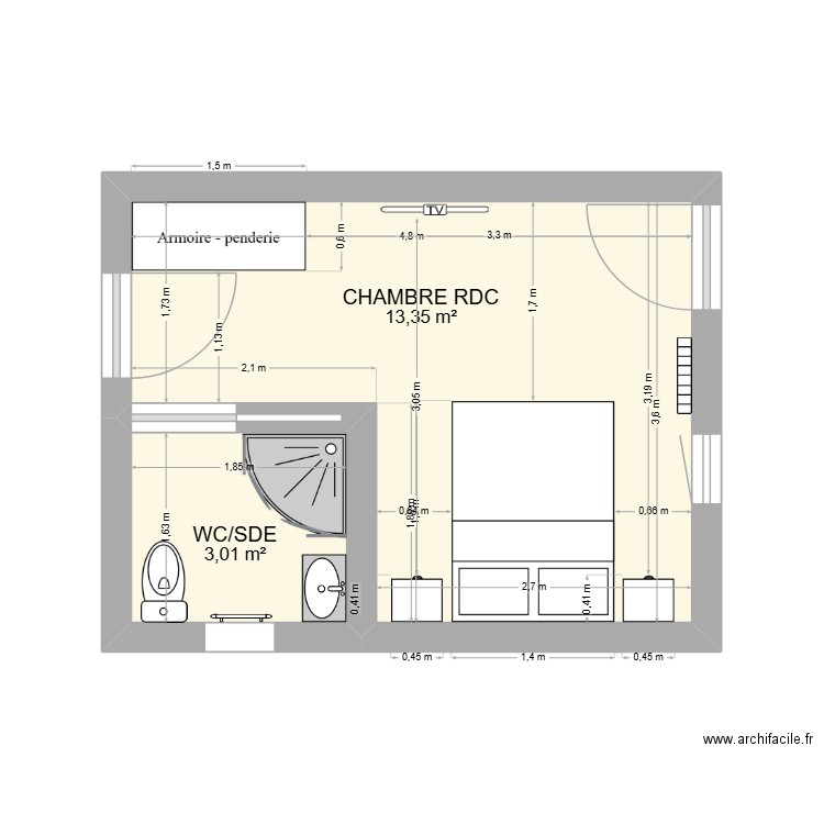 chambre extension. Plan de 2 pièces et 16 m2