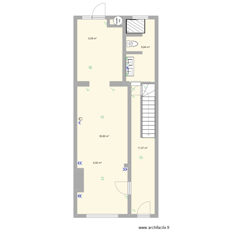 Spyder Cristi Plan Niveau 0. Plan de 5 pièces et 54 m2