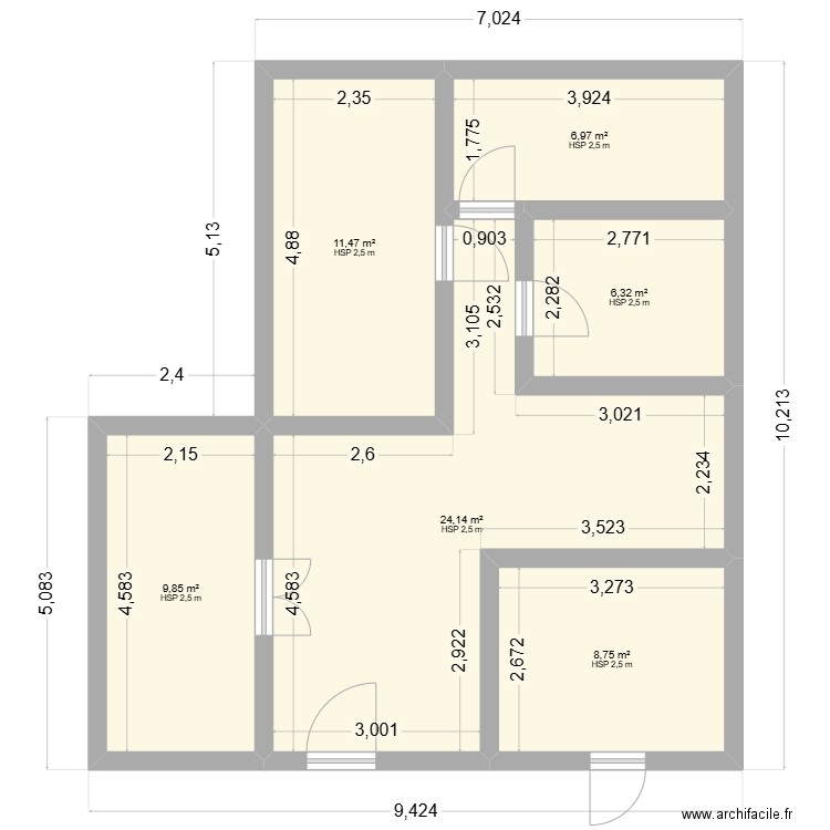 demolition ibnoumoakit. Plan de 6 pièces et 68 m2