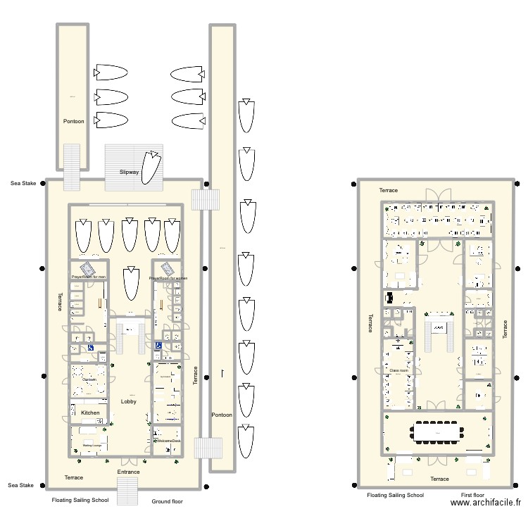 QYacht ClubGymnasium. Plan de 41 pièces et 2478 m2