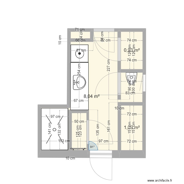 salle de bain. Plan de 3 pièces et 10 m2