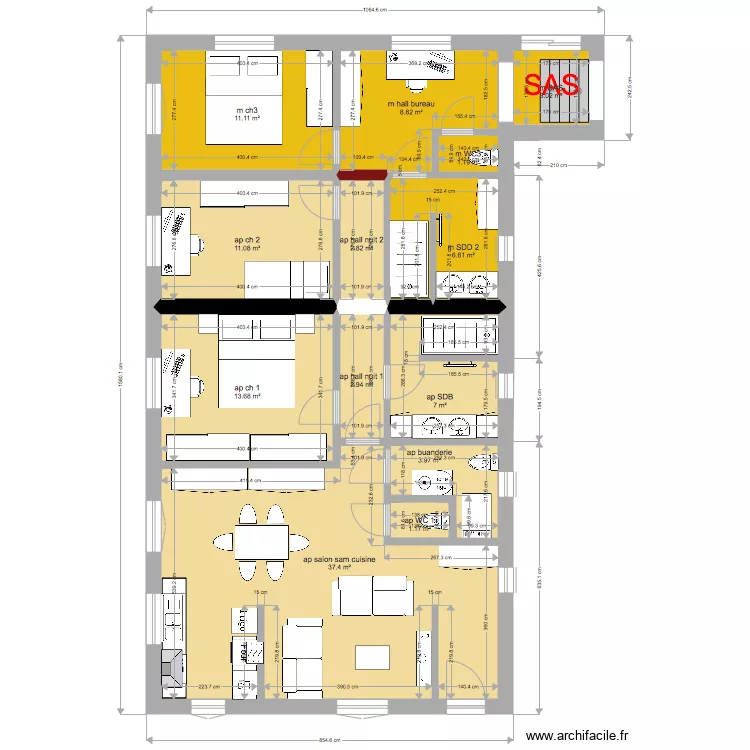 maison 3 ch et appart 2 ch 111m2. Plan de 