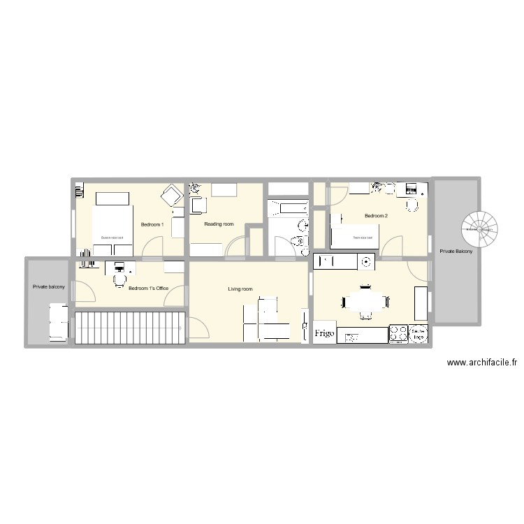 Petite chambre à louer AirBnB. Plan de 10 pièces et 89 m2