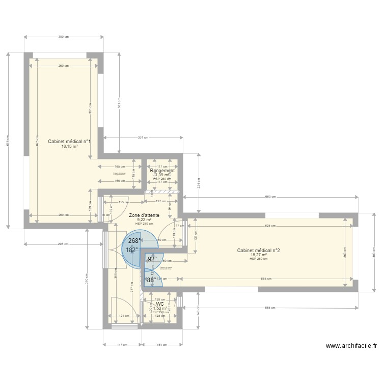 3 modules de 665 par 3 mètres. Plan de 5 pièces et 49 m2