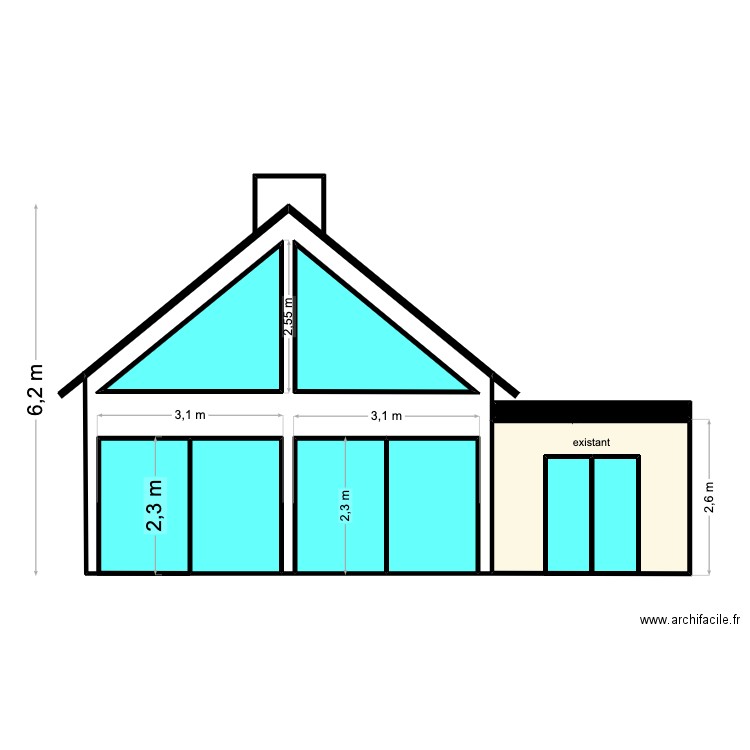 Façade Est. Plan de 8 pièces et 21 m2