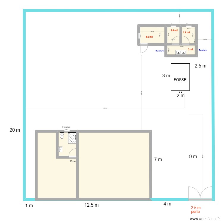 toilette cour et local. Plan de 7 pièces et 94 m2