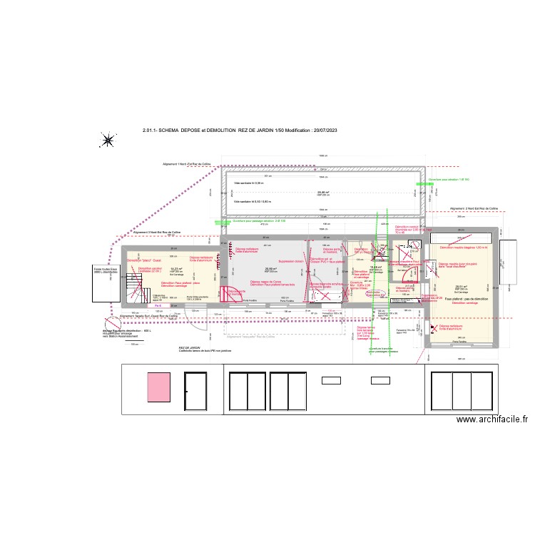 2,01.1-SCHEMA DEPOSE et DEMOLITIONS  REZ DE JARDIN  1/50 modification du 20/07/2023. Plan de 5 pièces et 94 m2