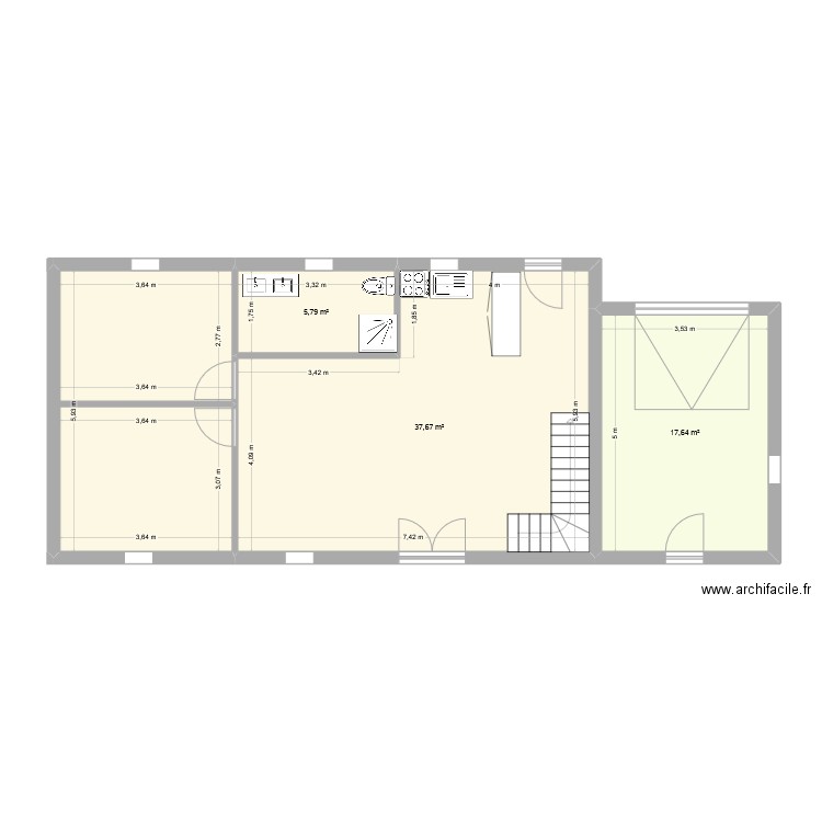 Maison RDC. Plan de 4 pièces et 82 m2